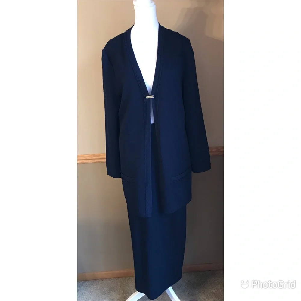 St John Basics Navy Blue Santana Knit Outfit Set Long Skirt Cardigan 10 Medium